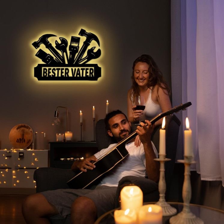 LEON FOLIEN BESTER VATER Familie Deko LED Schlummerlicht Nachtlicht personalisiert in 7 FARBE - Family Geschenk Für PAPA DAD