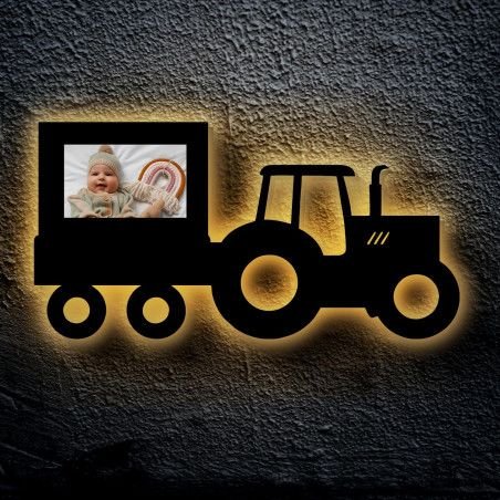 Traktor mit Bilderrahmen - Traki - Traktor Anhänger Led Deko Schlummerlicht Nachtlicht, personalisiert Abendlicht Geschenk, Mit
