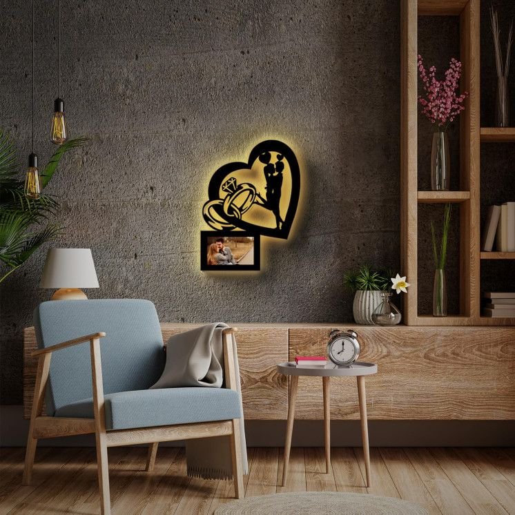 LED Schlummerlicht Eheringe in Herz personalisiert mit Bilderrahmen Deko Nachtlicht Hochzeitsgeschenk Geschenk - Mit Warmweiße
