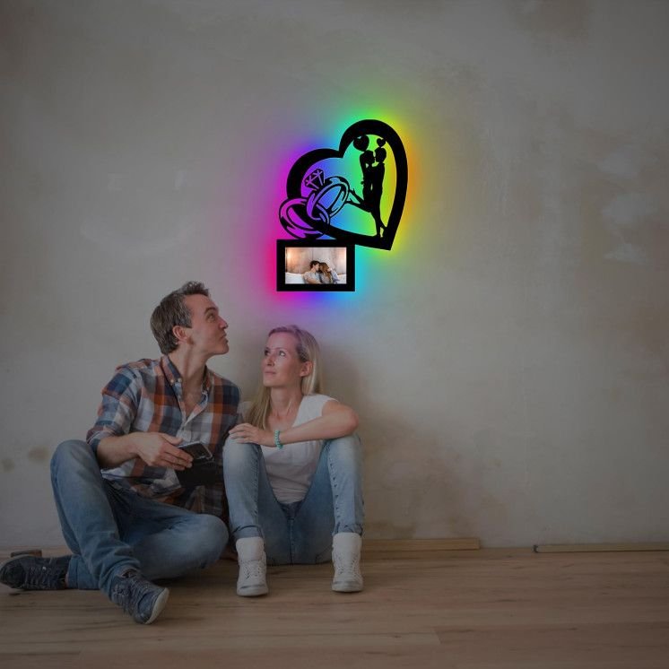 LED Schlummerlicht Eheringe in Herz personalisiert mit Bilderrahmen Deko Nachtlicht Hochzeitsgeschenk Geschenk - Mit Warmweiße