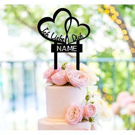 Cake Topper (Herzen) Blumenstecker Tortenstecker personalisiert mit Name Wunschtext Tortenaufleger aus Holz Tortenfigur