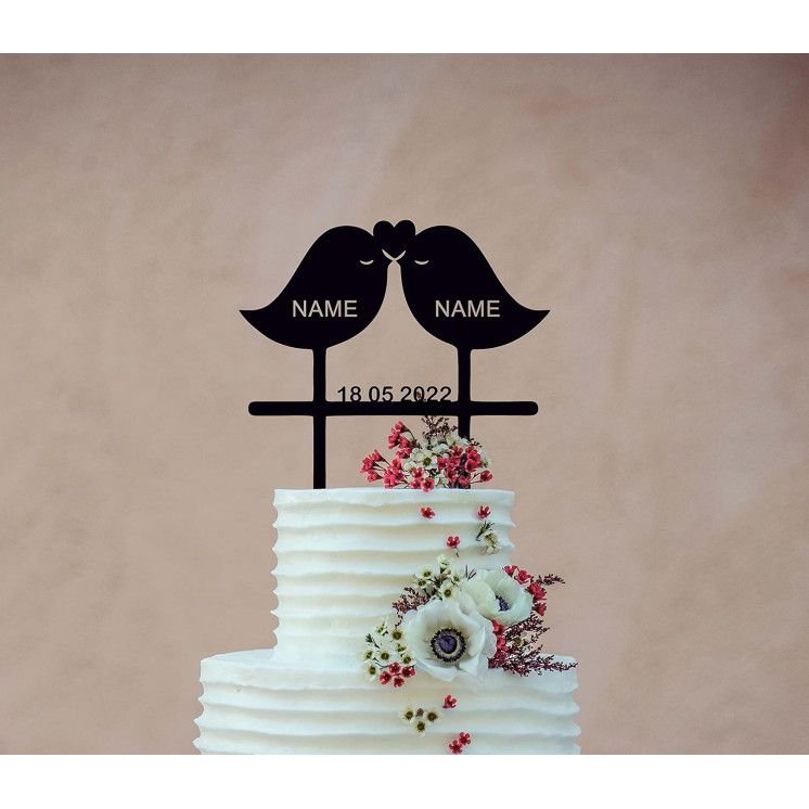 Cake Topper (Liebesvögel) Kuchendekoration Tortenstecker personalisiert mit Name Wunschtext Tortenaufleger aus Holz Tortenfigur
