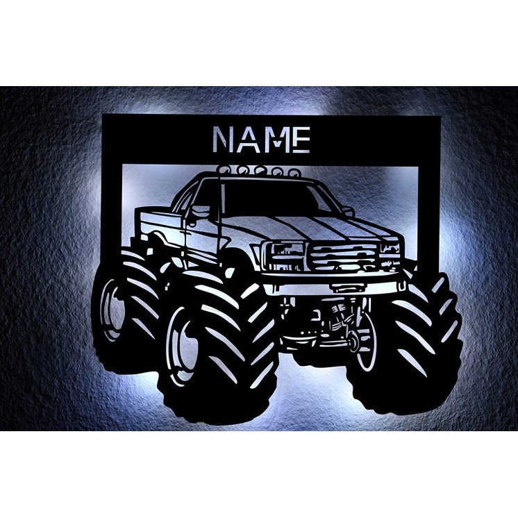 Monsterauto LED Deko Monster Truck, personalisiert mit Wunsch Namen Lasergravur Schlummerlicht