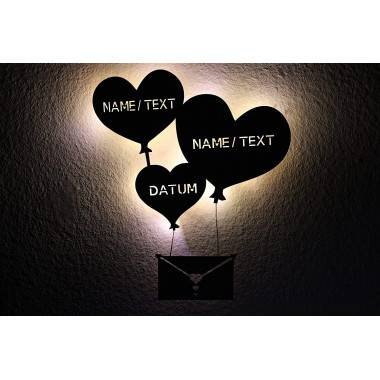 Liebesbrief mit Luftballons Led Deko personalisiert mit Datum / Wunschtext Nachtlicht Lasergravur Schlummerlicht