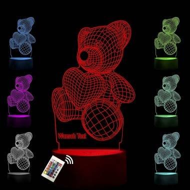 3D Illusion Teddybär Lampe personalisiert mit Wunschtext Herz