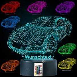 3D Illusion Sportwagen Lampe personalisiert mit Wunschtext Rennwagen Nachtlicht Tischlampe 16 Farben USB