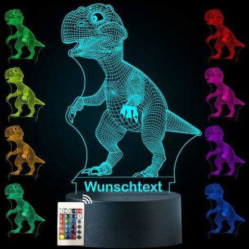3D Illusion T-Rex Lampe personalisiert mit Wunschtext Dino Nachtlicht Tischlampe 16 Farben USB