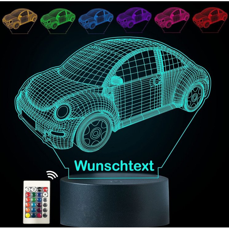 3D Illusion Auto Lampe personalisiert mit Wunschtext Car Nachtlicht Tischlampe 16 Farben USB