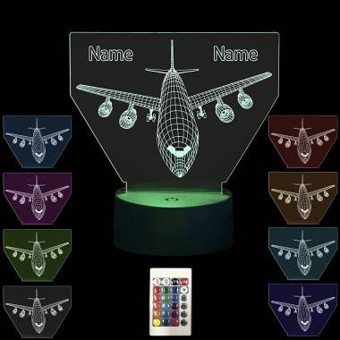 3D Illusion Flugzeug Lampe personalisiert mit Wunschnamen Airplane Nachtlicht Tischlampe 16 Farben USB