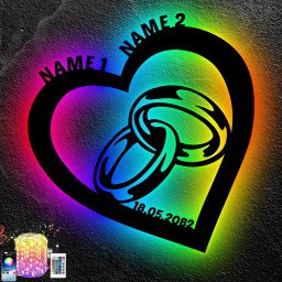 Led RGB Schlummerlicht Eheringe in Herz personalisiert mit Wunschnamen und Datum Deko Nachtlicht Hochzeitsgeschenk Brautpaar -