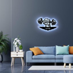 LEON FOLIEN Hantel Fitness Wand Deko Led personalisiert mit NAME - Langhantel Lasergravur Schlummerlicht Nachtlicht für