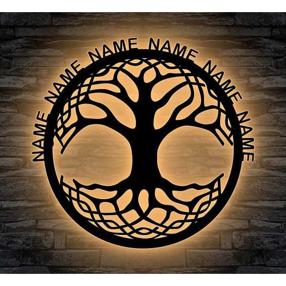 LEON - FOLIEN Lebensbaum Familienbaum Deko LED Stammbaum personalisiert mit bis zu 6 Namen Familienname Baum Lasergravur