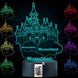 LEON - FOLIEN Schloss 3D Illusion Märchenschloss Lampe personalisiert mit Wunschtext Nachtlicht Tischlampe 16 Farben USB Touch