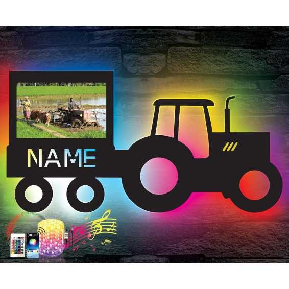 LEON - FOLIEN Traktor mit Bilderrahmen RGB Farbwechsel Schlummerlicht - Mit 16 LED Farben personalisiert Wunschnamen Geschenk