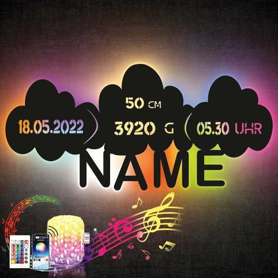 Led Wolken RGB Farbwechsel - Kinderlampe für Kinderzimmer - Mit 16 LED Farben USB App Bedienung - personalisiert mit Wunschnamen