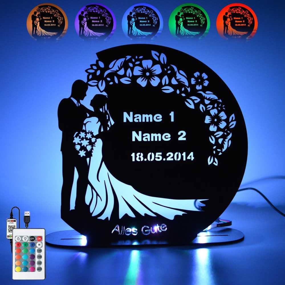 LED RGB Lampe Alles Gute Hochzeitsgeschenk für Brautpaar Eheringe mit 2 Namen & Datum Geldgeschenk zur Hochzeit - Hochzeitsdeko