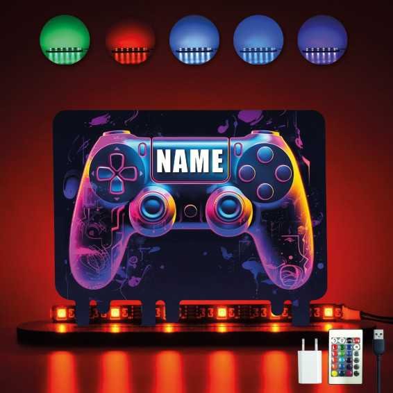 Controller Gamer Gaming - Personalisiert NAME auf Holz gedruckt Tischdeko (optional) Led RGB Beleuchtung - Geschenke - Besondere