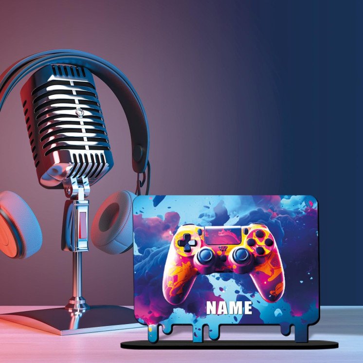 3D GAMER Controller Gaming (optional) Led RGB Beleuchtung - Personalisiert NAME auf Holz gedruckt Tischdeko - Geschenke -