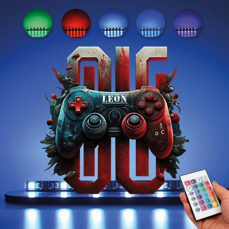 3D Style Controller Gamer Gaming (optional) Led RGB Beleuchtung - Personalisiert Name auf Holz gedruckt Tischdeko - Geschenke -