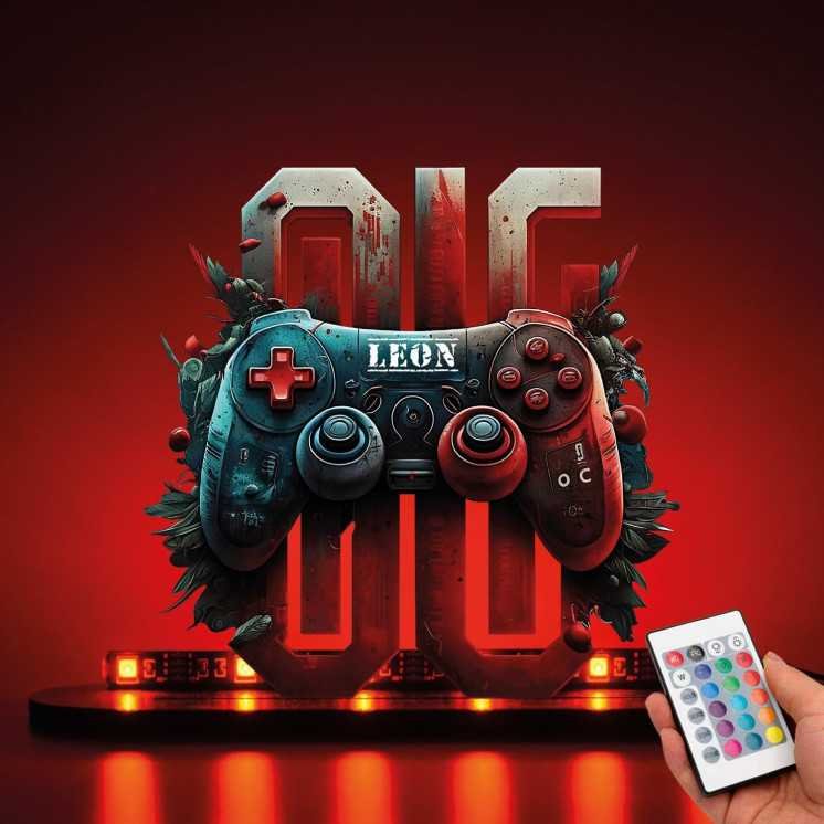 3D Style Controller Gamer Gaming (optional) Led RGB Beleuchtung - Personalisiert Name auf Holz gedruckt Tischdeko - Geschenke -