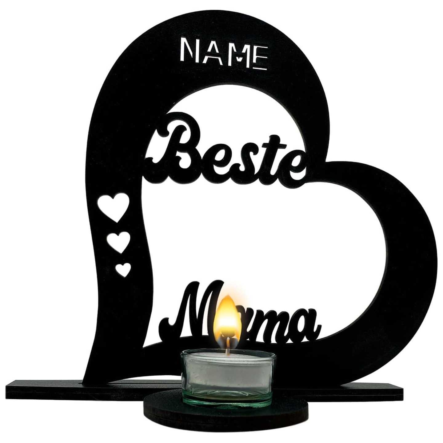 Beste Mama Muttertagsgeschenk Herz Teelichthalter personalisiert Name, zum Muttertag Geburtstag mit Kerze in 7 Farben Aus MDF
