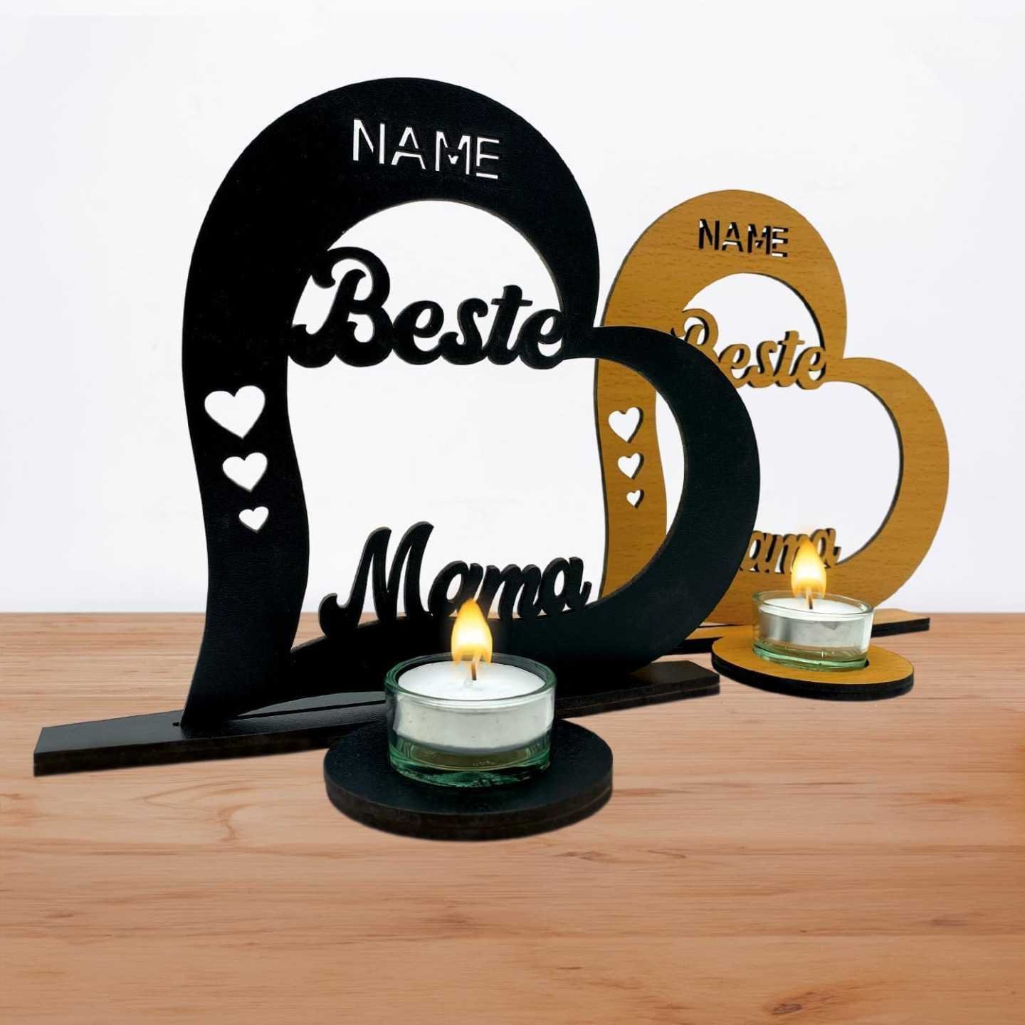 Beste Mama Muttertagsgeschenk Herz Teelichthalter personalisiert Name, zum Muttertag Geburtstag mit Kerze in 7 Farben Aus MDF