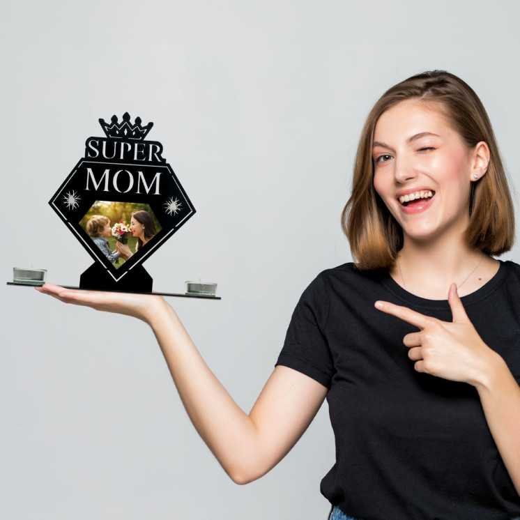 SUPER MOM - Beste Mama Muttertagsgeschenk Herz Teelichthalter personalisiert Name Herzen zum Muttertag Geburtstag mit Kerze -