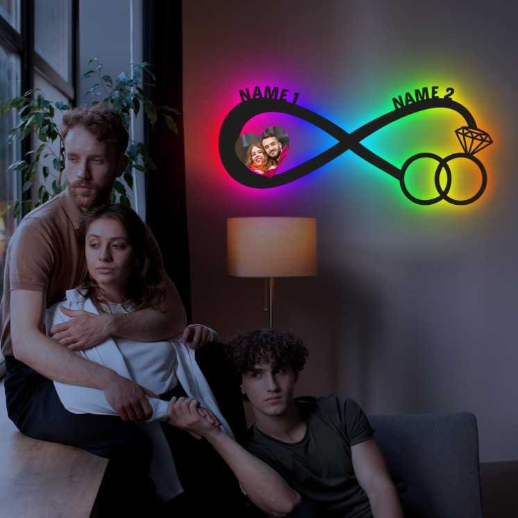 Ring Unendlichkeitszeichen Mit Foto auf Holz gedruckt personalisiert 2 Namen - Geschenke (Optional) Beleuchtung Wand Lampe