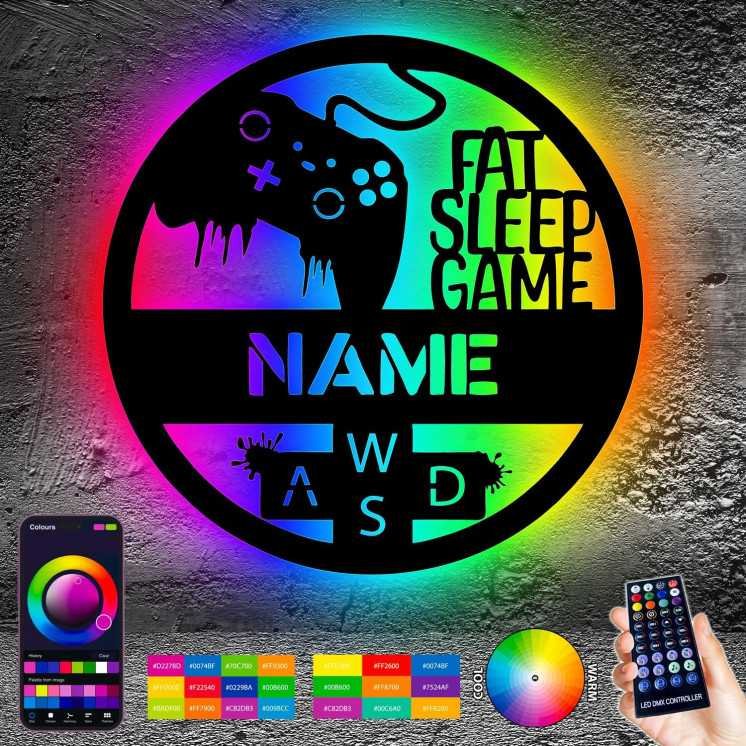 FAT SLEEP GAME - RGB Led Gaming Schild - Gamer Geschenkidee personalisiert Mit Name - Wand Lampe - Zimmer Deko - Besondere