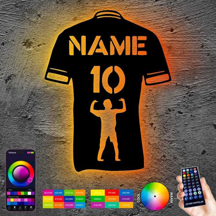 LEON FOLIEN Fußball trikot personalisieren RGB Led Licht mit Namen & Nummer – Fussballer aus MDF-Holz Fussball Geschenke für
