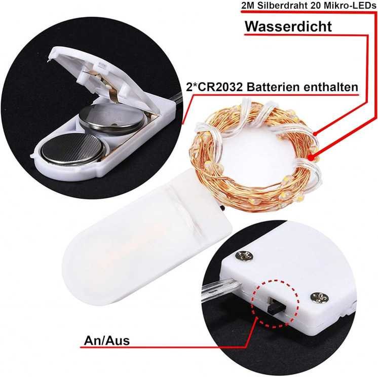Mini LED Lichterkette Rot mit Batterie 2 Meter 20 LEDs Kupferkabel Wasserdicht Draht Klein Dekoration Weihnachten Halloween