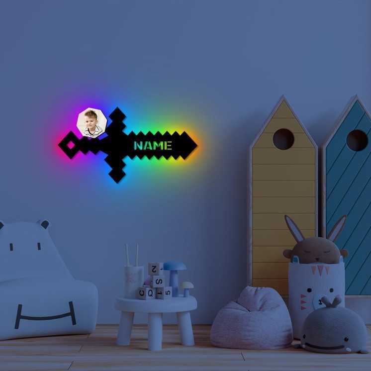 Schwert Pixelschwert - Pixel Wand Deko Schwert Mit Foto auf Holz gedruckt personalisiert Name - Geschenke (Optional) Led