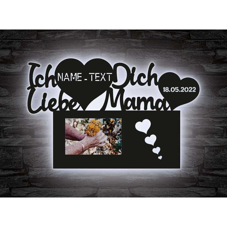 Ich liebe dich Mama Nachtlicht mit Bilderrahmen für Muttertag, Herz Herzchen personalisiert mit Wunschtext und -datum
