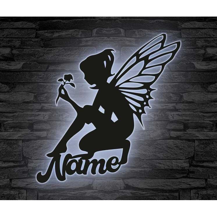 LEON FOLIEN Fee Elfe mit Flügel und Rose Blume LED Deko Schlummerlicht Nachtlicht Mädchen, personalisiert mit Wunsch Namen