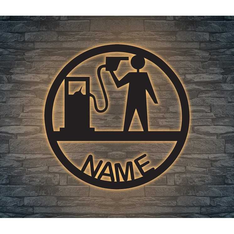 LEON - FOLIEN an der Tanke Led Nachtlicht aus MDF Holz personalisiert mit Name Schlummerlicht Geschenk Büro Schlafzinner Junge