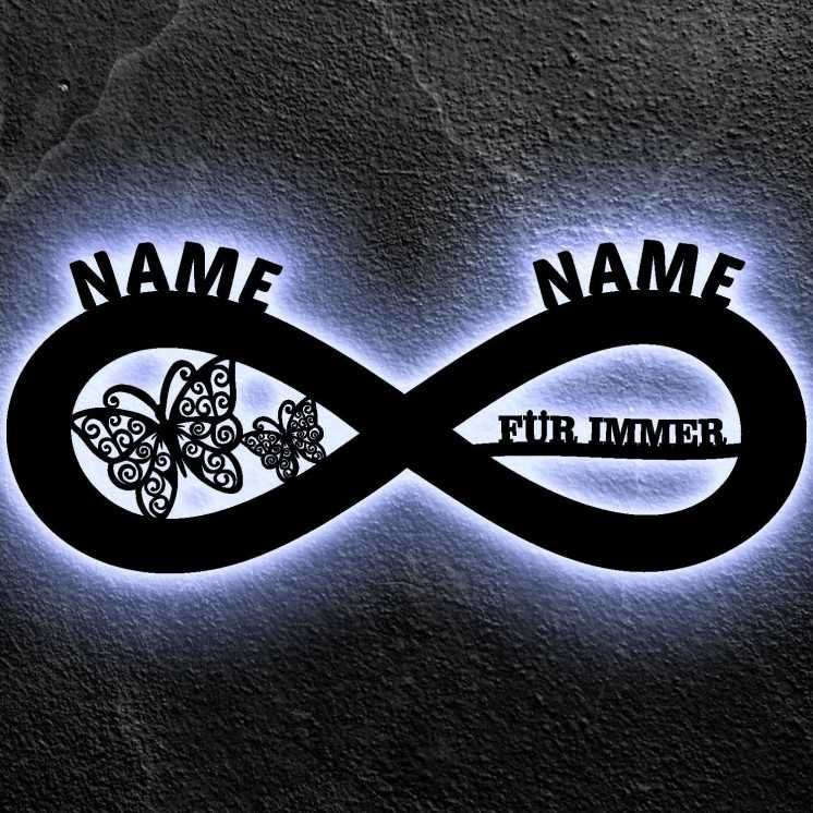 Für Immer LED Deko Schlummerlicht Nachtlicht Liebe Herzchen Unendlichkeitszeichen liegende Acht personalisiert mit Wunsch Namen