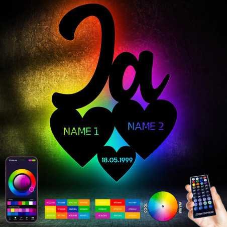 LEON FOLIEN Ja Hochzeitsgeschenke RGB LED Wandlampe Nachtlicht Wand Lampe mit Namen für das Brautpaar personalisiert in 7 MDF