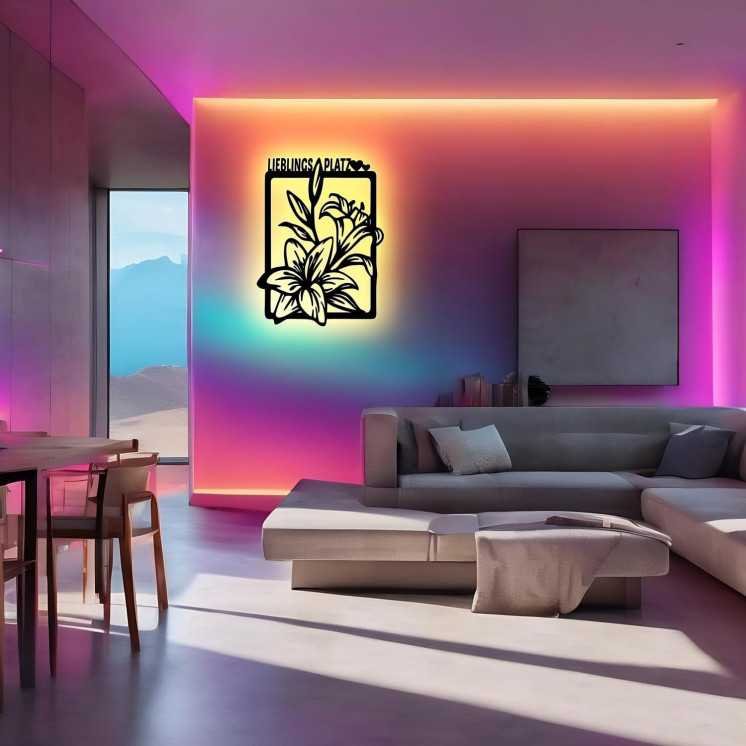 LEON FOLIEN Led RGB Lieblingsplatz mit Blumen Wanddeko Schriftzug - Richtfest Einzug Deko Geschenk Wohnzimmer Flur Schlafzimmer