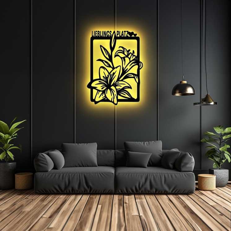 LEON FOLIEN Led RGB Lieblingsplatz mit Blumen Wanddeko Schriftzug - Richtfest Einzug Deko Geschenk Wohnzimmer Flur Schlafzimmer