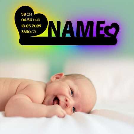 RGB Led HERZEN Deko Schlummerlicht Nachtlicht , personalisiert NAME Datum Größe Gewicht Geburtszeit Besondere Taufgeschenke