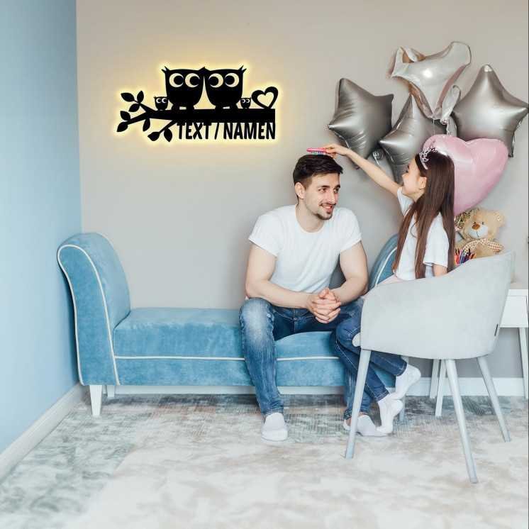LEON FOLIEN Eule Familie Schlummerlicht Nachtlicht Wand Lampe Eulen Zauber Eule Geschenke LED Deko, personalisiert mit Text Oder