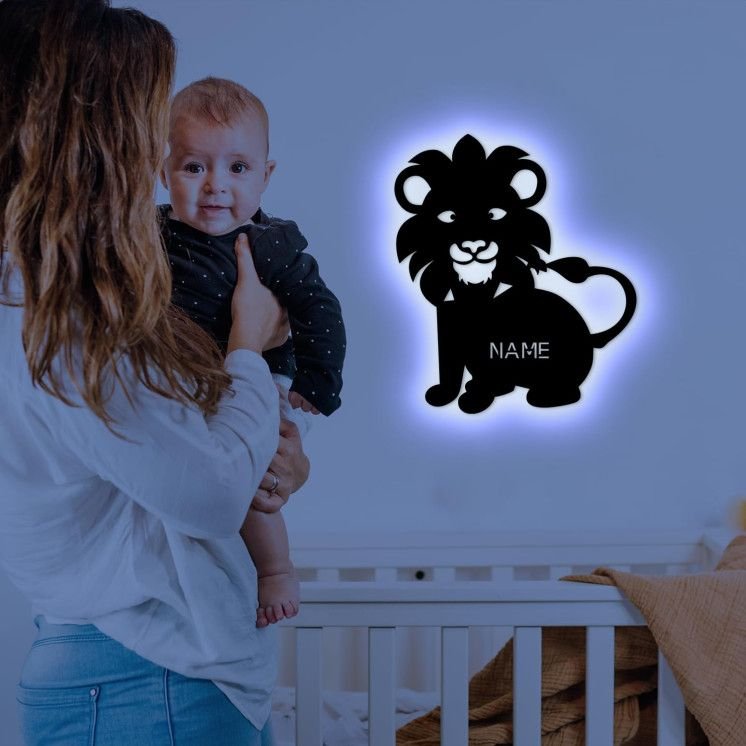 Personalisierte Löwe Wandlampe MDF Holz, Wandleuchte, Schlummerlicht, Wandlicht für Baby & Kind, Kinderzimmer - Lampe